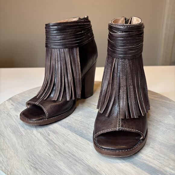 Bed Stu Onset Olivia Peep Toe Women's Fringe Brown Leather Booties Size 6.5 - Picture 3 of 12